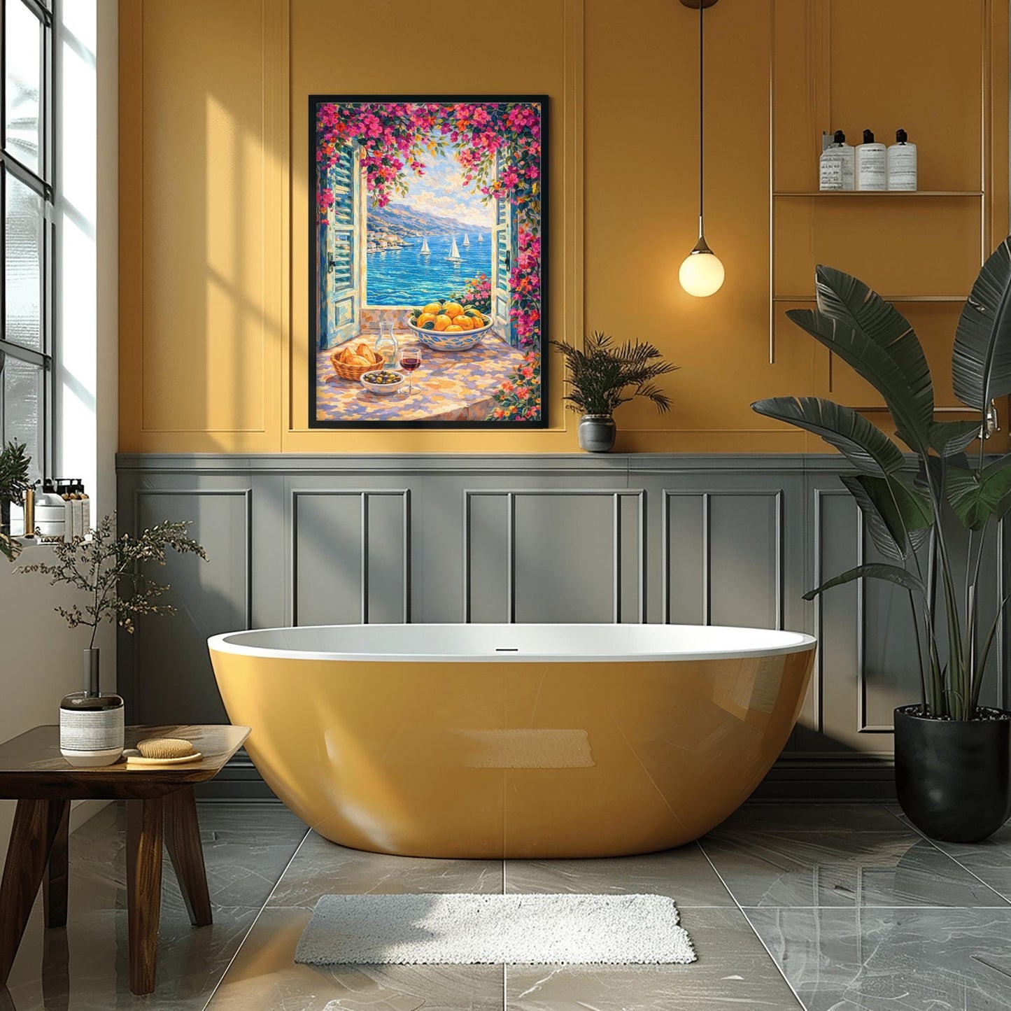 A vertical painterly illustration looking through open blue shutters at a blue sea with sailboats. Pink bougainvillea flowers frame the top and side. On the windowsill sits a glass of red wine, olives, bread, and a large bowl of oranges.