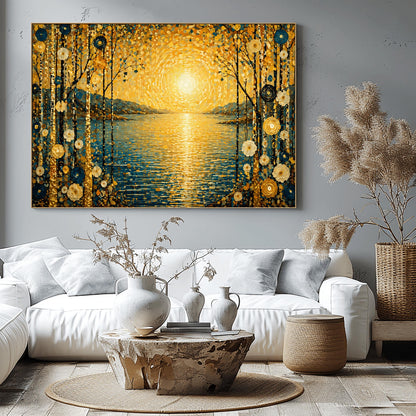 A horizontal art print in a decorative mosaic style inspired by Gustav Klimt. A large, radiant golden sun composed of shimmering circles hangs over a calm blue lake, with its light reflecting on the water's surface. The scene is framed on both sides by tall, thin birch trees decorated with stylized gold and cream flowers. Muted blue mountains are visible in the background under a sky filled with golden, dappled light patterns.