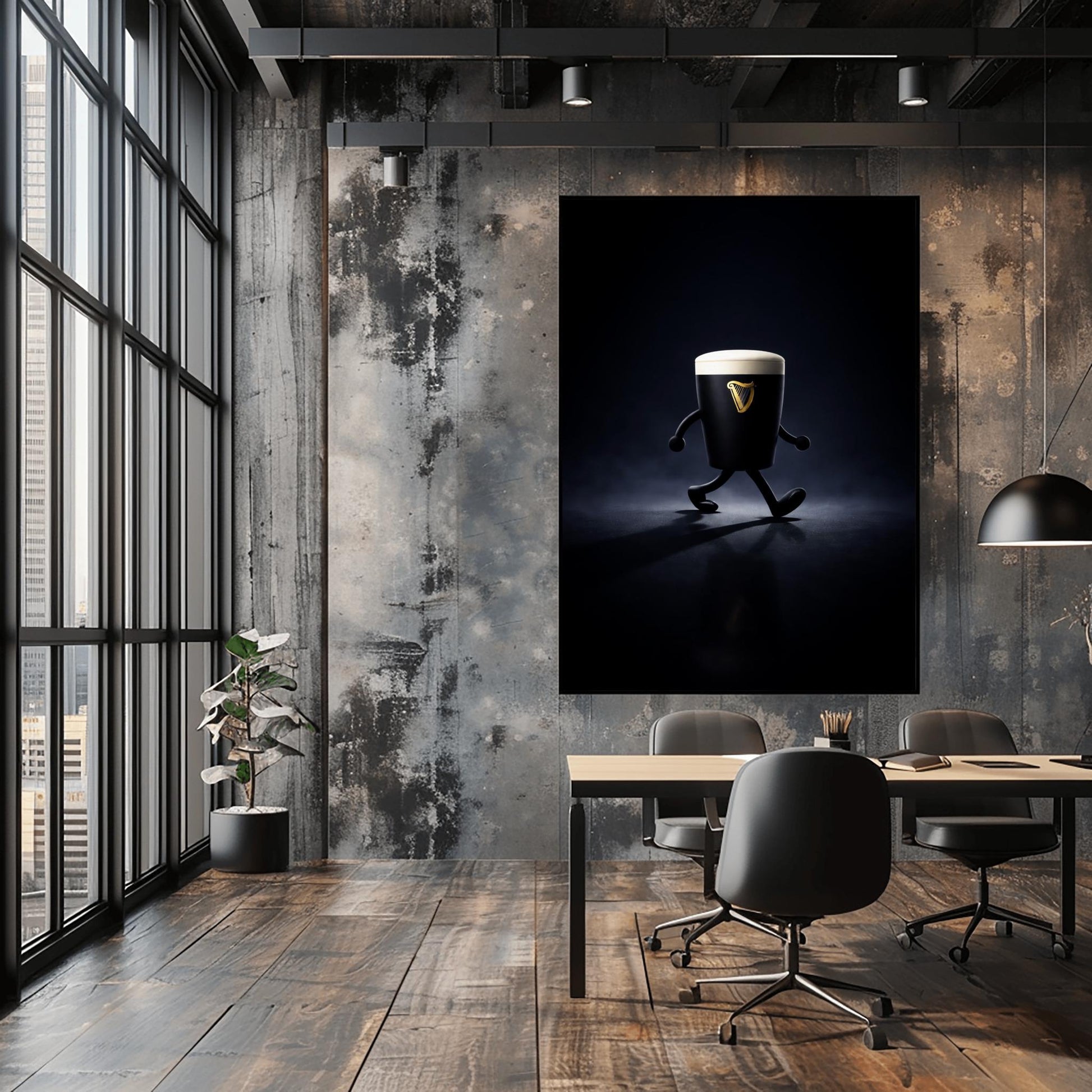 A vertical cinematic illustration of a 3D Guinness pint character with cartoon arms and legs, walking across a reflective dark floor. The background is a dark, moody void with a faint blue atmospheric glow. The pint features a crisp white foam head and a golden harp logo.