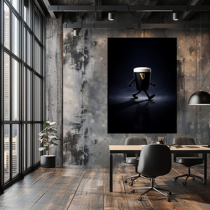 A vertical cinematic illustration of a 3D Guinness pint character with cartoon arms and legs, walking across a reflective dark floor. The background is a dark, moody void with a faint blue atmospheric glow. The pint features a crisp white foam head and a golden harp logo.