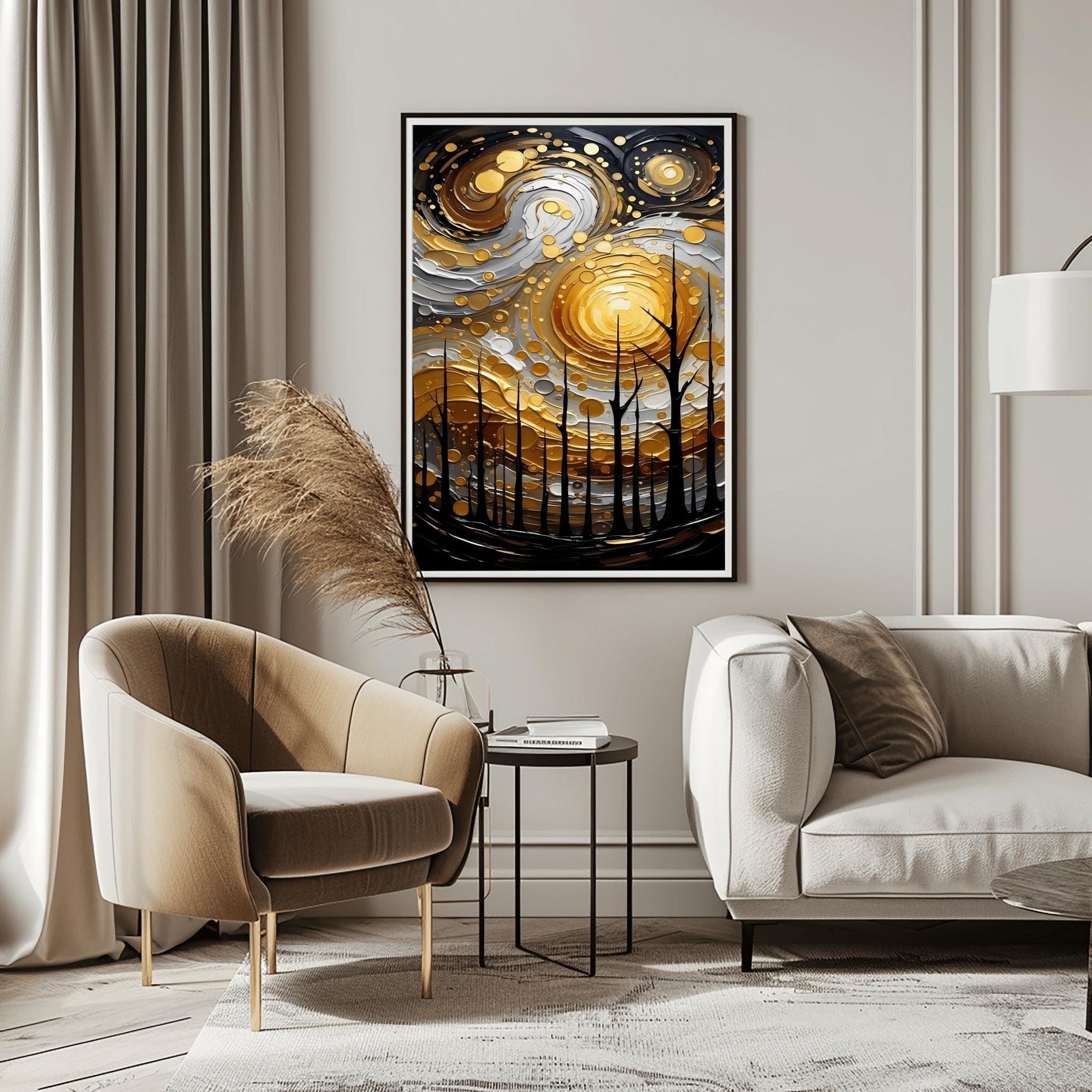 A vertical abstract painting in the style of Gustav Klimt. A group of black, silhouetted tree trunks stand in the foreground against a massive, swirling sun composed of concentric rings of gold, silver, and cream. The background is a dark, moody grey. The style features heavy, thick paint textures and metallic-looking circular accents scattered throughout.