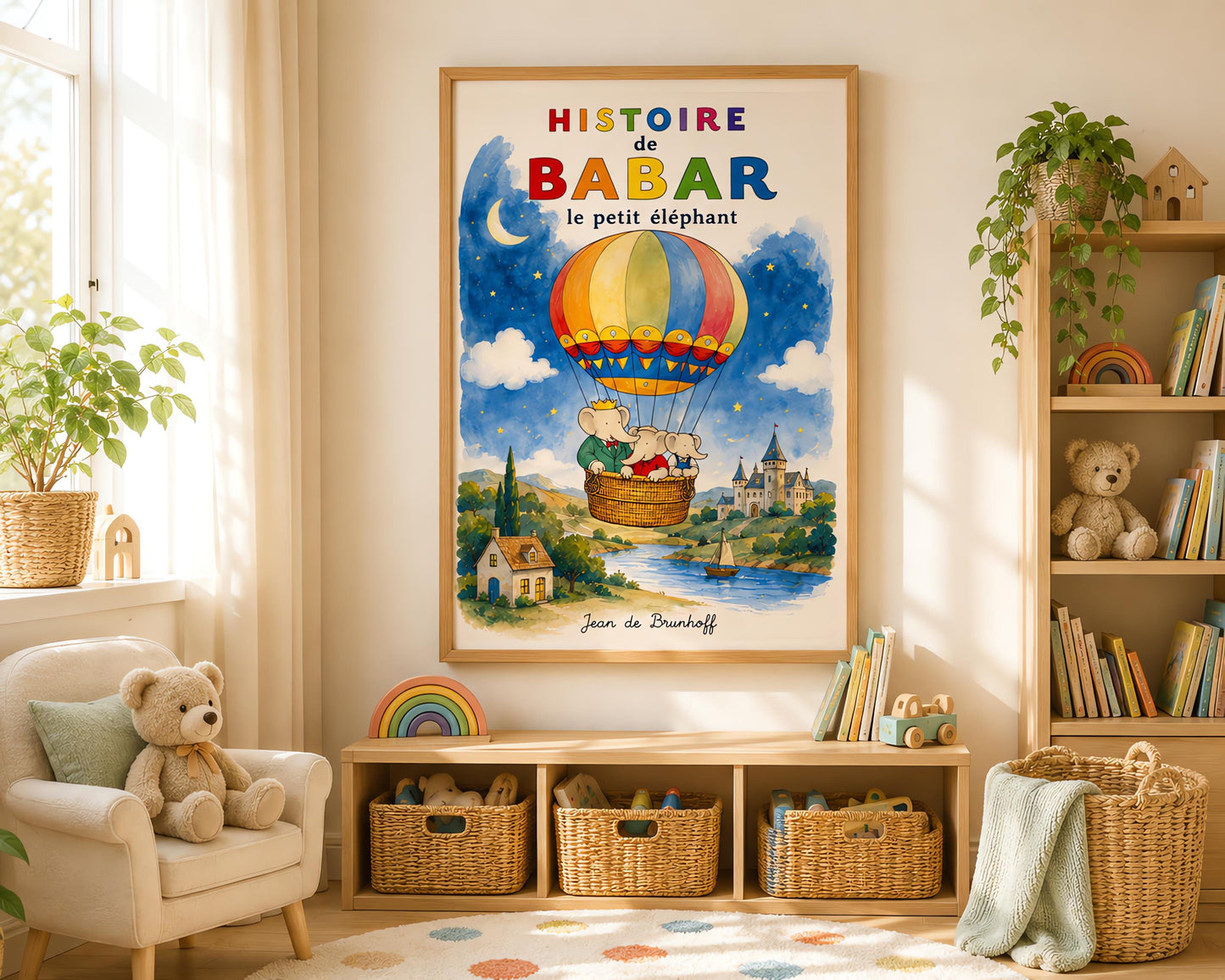 A vertical retro fine art exhibition poster titled "HISTOIRE de BABAR le petit éléphant" with a wide cream border. The illustration features a colorful hot air balloon carrying three elephants—one with a crown—floating in a sky that is half daytime blue and half starry dark blue with a crescent moon. Below them is a watercolor landscape of a river with a sailboat, a cottage, and a turleted castle. The signature "Jean de Brunhoff" anchors the bottom.