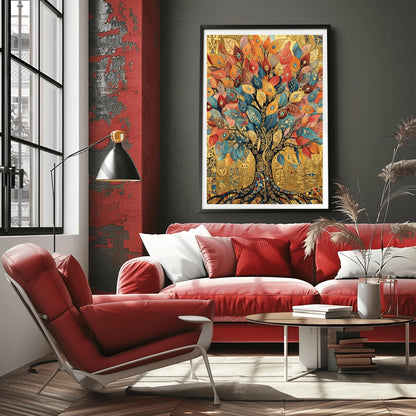A vertical fine art print in the style of Gustav Klimt. A large tree with a dark mosaic trunk and golden swirling branches is centered on a textured gold background. The leaves are large, teardrop-shaped jewels in shades of red, orange, and blue. The background is filled with ornate golden symbols and spirals.