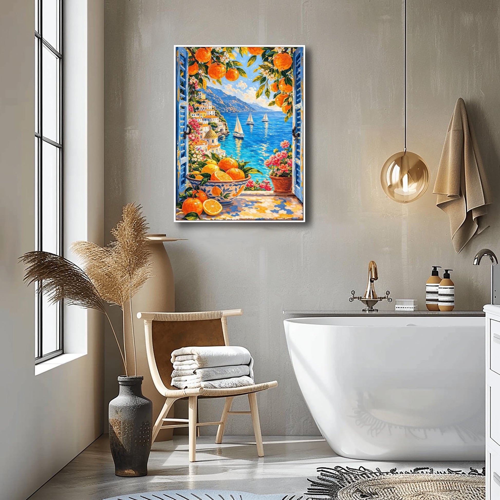 A vertical painterly illustration looking through open blue shutters at a coastal town with a yellow-domed cathedral and a blue sea with sailboats. In the foreground, a ceramic bowl holds oranges and lemons on a stone windowsill next to a pot of pink flowers.