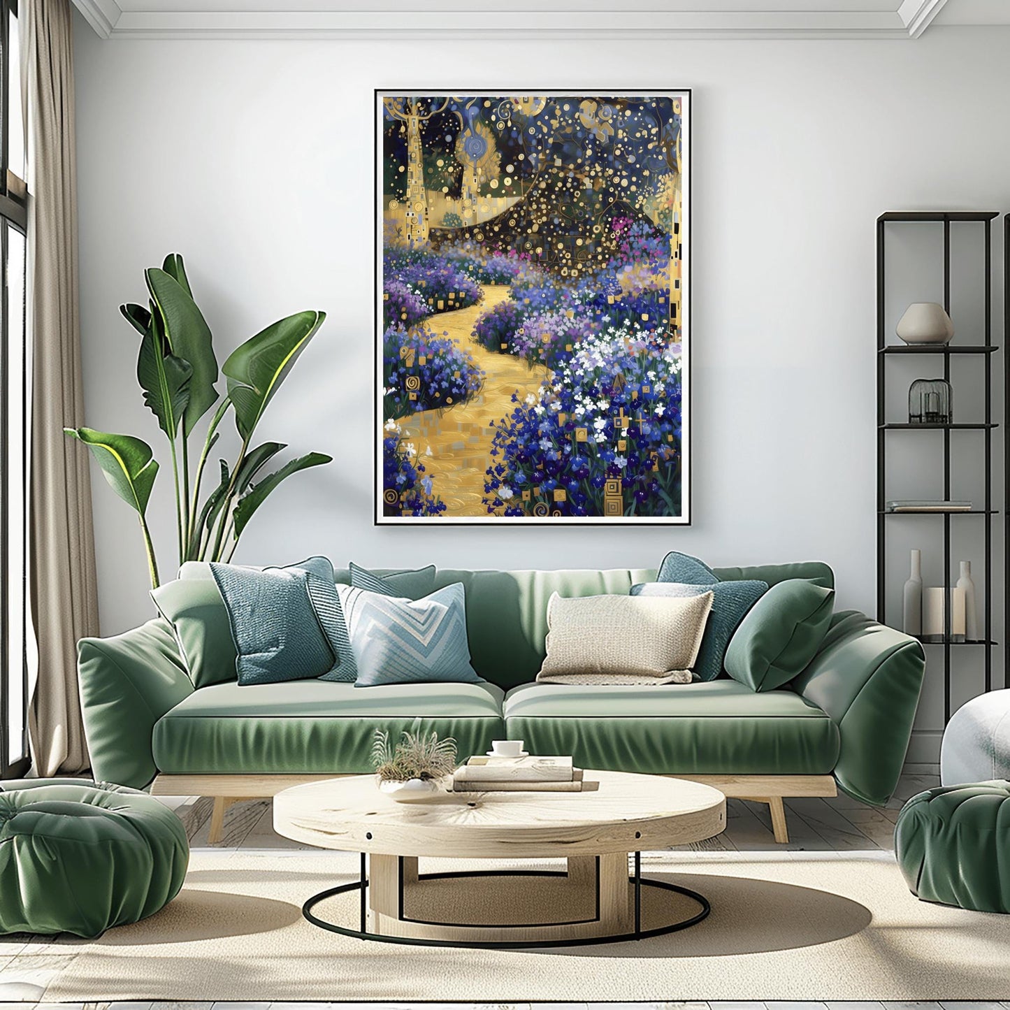 A vertical fine art print in the style of Gustav Klimt. A winding, textured golden path leads through a garden of blue and purple flowers. Stylized trees with golden mosaic patterns on their trunks stand on the sides under a dark blue sky filled with golden circles and star-like shapes.