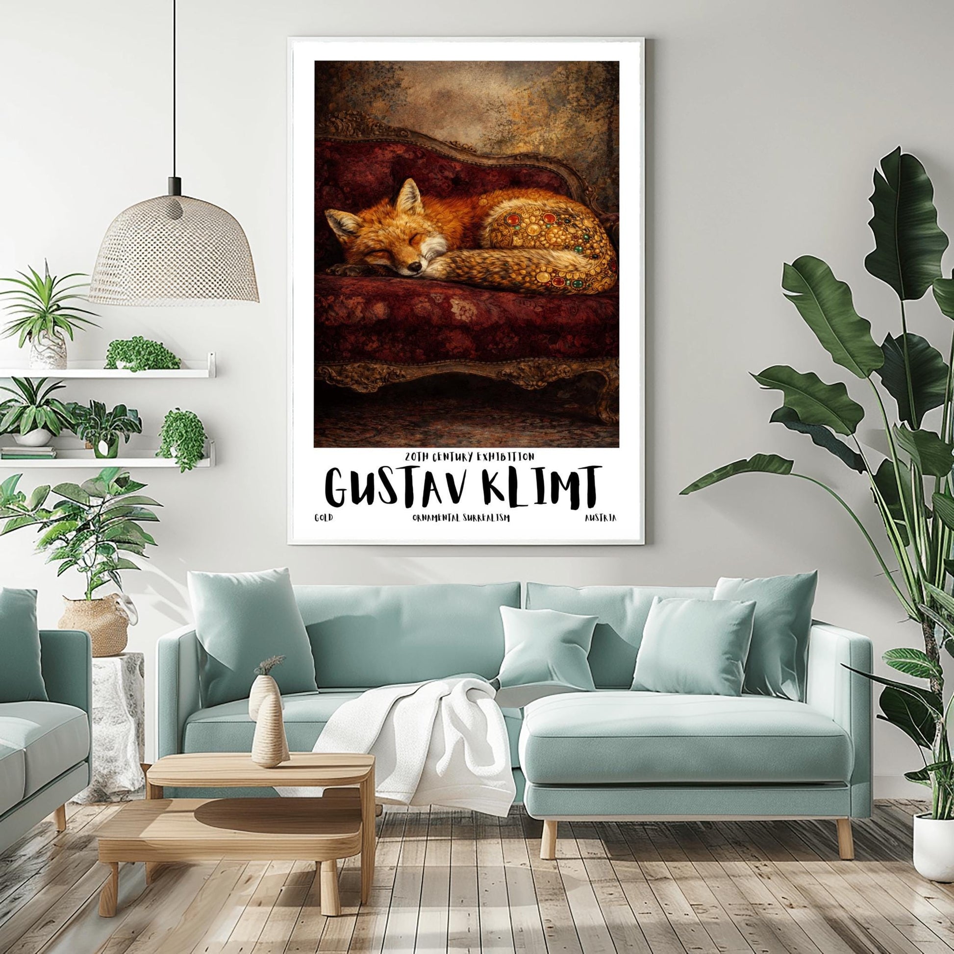 A vertical exhibition poster for Gustav Klimt featuring a red fox sleeping on a dark crimson velvet antique sofa. The fox's haunches are covered in golden mosaic flowers and jewels. Bold text at the bottom reads "GUSTAV KLIMT" and "Ornamental Surrealism."