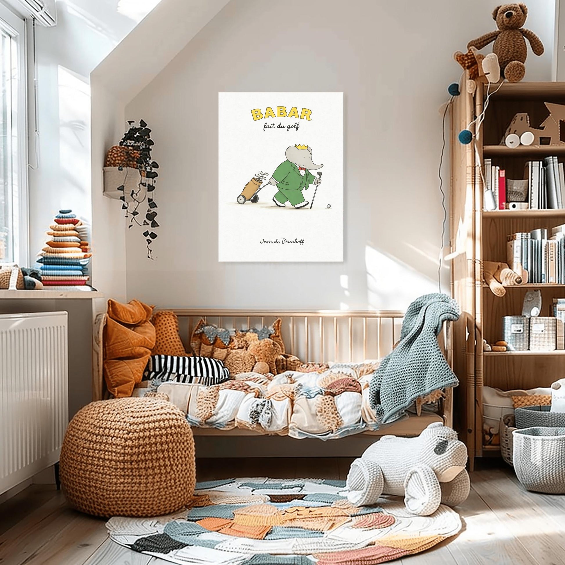 A vertical art print titled "BABAR fait du golf" in yellow letters. A grey elephant, Babar, is wearing a green suit, a red bow tie, and a gold crown. He is walking across a simple beige ground, holding a golf club and pulling a tan golf bag on a small two-wheeled cart. A single golf ball sits on the ground in front of him. The background is a minimalist off-white texture, and "Jean de Brunhoff" is written at the bottom.