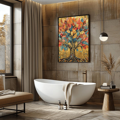 A vertical fine art print in the style of Gustav Klimt. A large tree with a dark mosaic trunk and golden swirling branches is centered on a textured gold background. The leaves are large, teardrop-shaped jewels in shades of red, orange, and blue. The background is filled with ornate golden symbols and spirals.