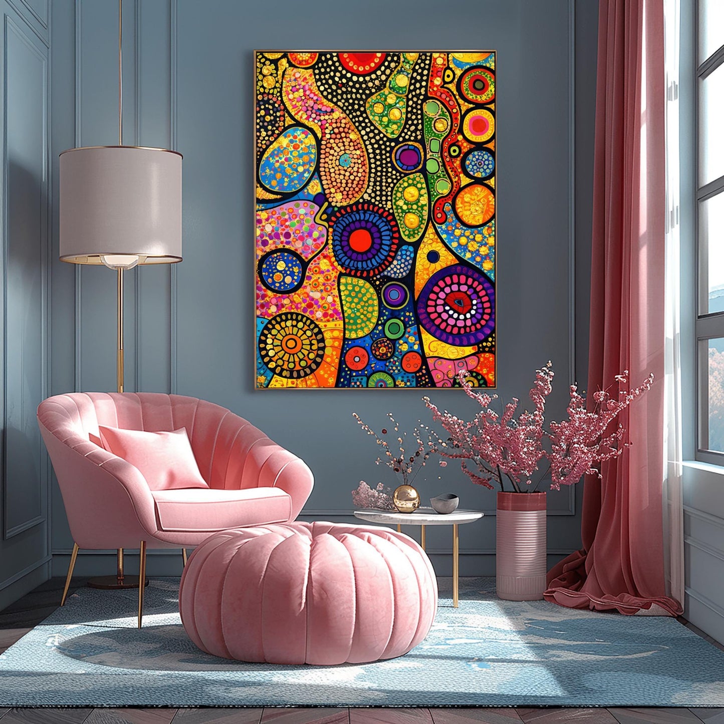 A vertical fine art print in the style of Gustav Klimt. An abstract composition of organic, flowing shapes filled with colorful dots, circles, and geometric patterns in red, blue, green, and orange. Shimmering gold leaf textures and "pebbled" patterns are interspersed throughout, set against a dark, structured background.
