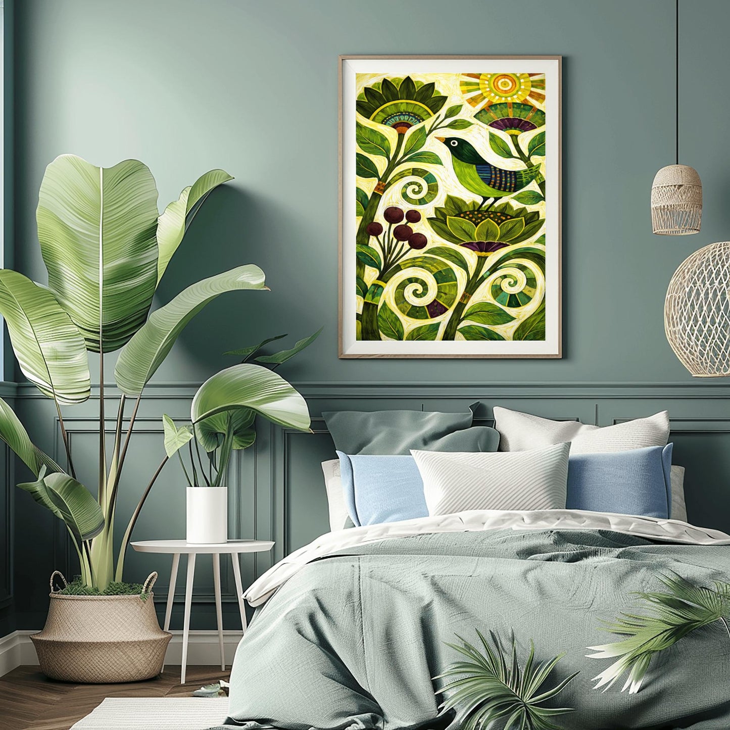 A vertical folk-style art print. A green-headed bird with a blue and purple striped wing sits on a large, stylized green flower. Swirling vines and leaves in various shades of green fill the bottom half of the frame, accompanied by a cluster of dark purple berries. In the top right corner, a bright yellow sun with concentric circles and rectangular rays shines down. The background is a textured off-white with fine, rhythmic brushstrokes throughout the composition.