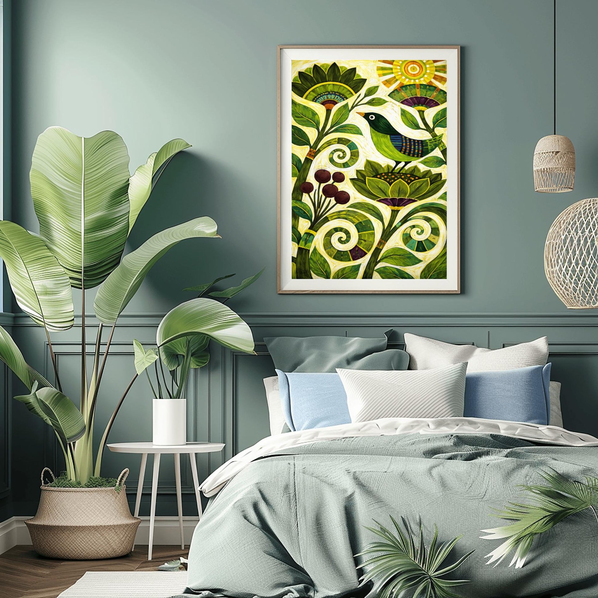 A vertical folk-style art print. A green-headed bird with a blue and purple striped wing sits on a large, stylized green flower. Swirling vines and leaves in various shades of green fill the bottom half of the frame, accompanied by a cluster of dark purple berries. In the top right corner, a bright yellow sun with concentric circles and rectangular rays shines down. The background is a textured off-white with fine, rhythmic brushstrokes throughout the composition.
