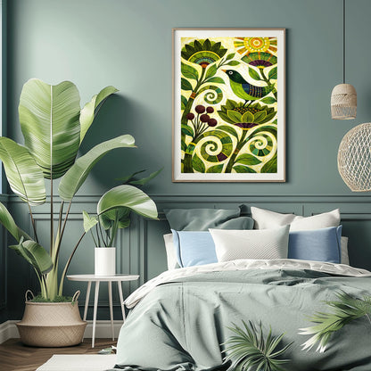 A vertical folk-style art print. A green-headed bird with a blue and purple striped wing sits on a large, stylized green flower. Swirling vines and leaves in various shades of green fill the bottom half of the frame, accompanied by a cluster of dark purple berries. In the top right corner, a bright yellow sun with concentric circles and rectangular rays shines down. The background is a textured off-white with fine, rhythmic brushstrokes throughout the composition.