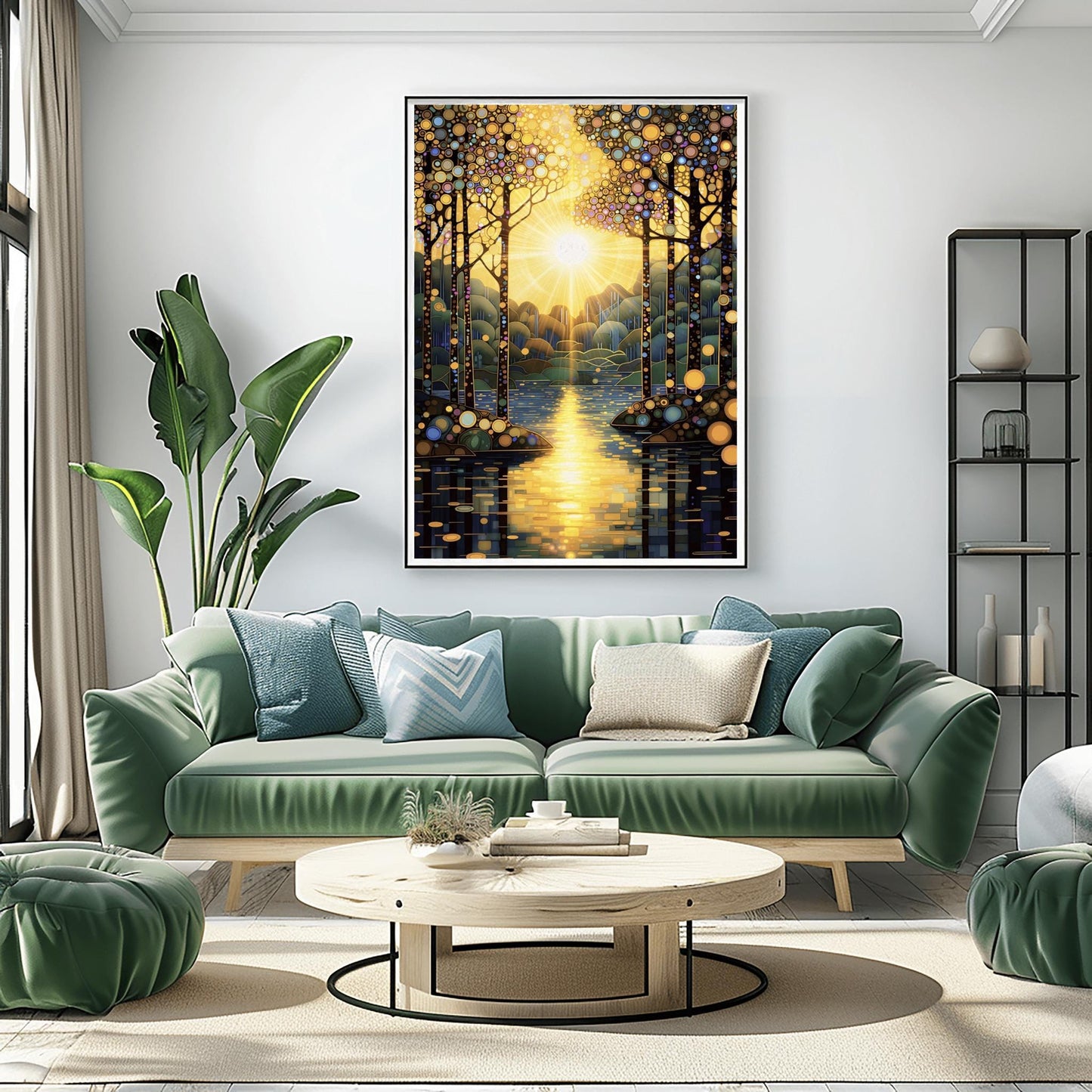 A vertical fine art painting in the style of Gustav Klimt. A brilliant sun is centered in the sky, emitting golden rays that look like stained glass panes. Slender trees with colorful mosaic patterns on their bark frame a calm lake. The water reflects the golden sun in a series of horizontal mosaic tiles. The overall palette is brilliant gold, warm amber, and deep teal.