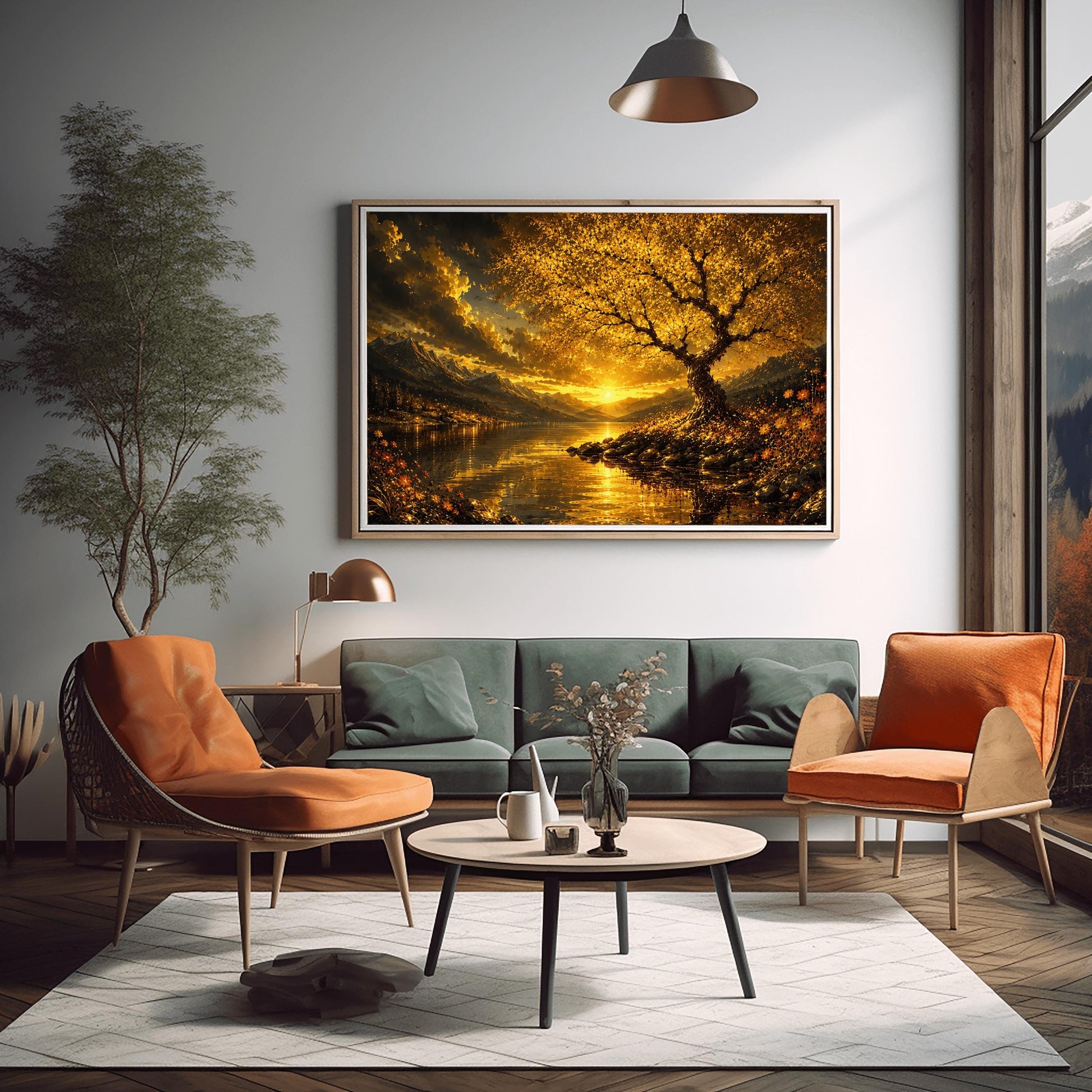 A horizontal landscape print in the style of Gustav Klimt, depicting a dramatic mountain sunset over a reflective lake. On the right shoreline, a large, detailed tree with shimmering golden mosaic leaves arches over the water. Golden wildflowers grow on the ground below the tree. The sun sits low on the horizon between dark, heavy clouds and sharp mountain peaks, casting a bright orange and gold reflection across the rippling water.