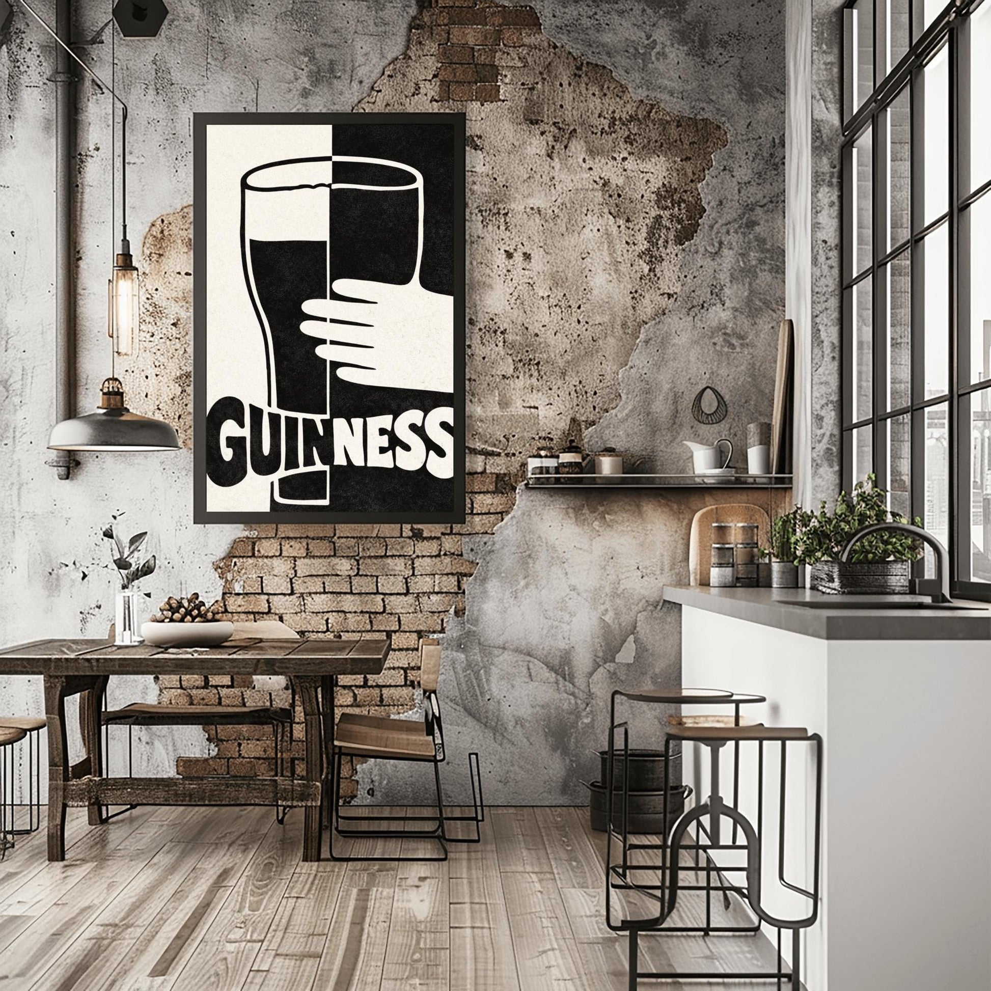 A vertical minimalist graphic split down the center: the left half is cream and the right half is black. A large Guinness pint in the center reverses its colors across the split. A white hand holds the glass from the right. The word "GUINNESS" at the bottom also reverses colors across the divide.