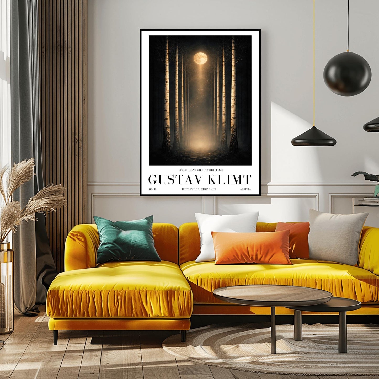 A vertical, perfectly symmetrical illustration of a birch forest at night. Three slender birch trees frame each side of a central path. A golden moon at the top center casts a beam of light downward onto a glowing forest floor. The trees feature intricate golden mosaic bark.