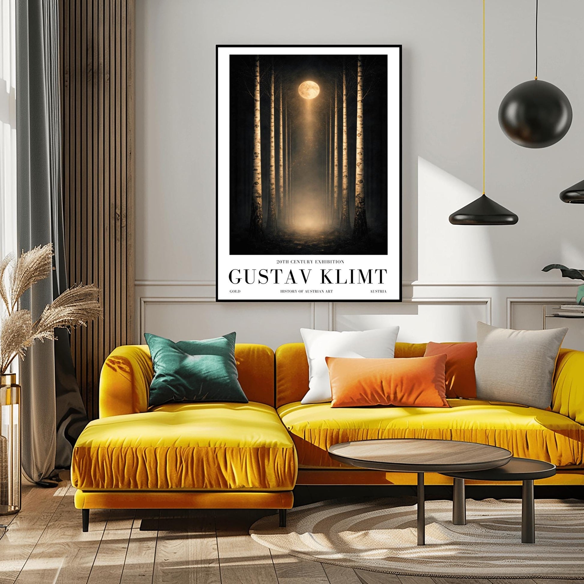 A vertical, perfectly symmetrical illustration of a birch forest at night. Three slender birch trees frame each side of a central path. A golden moon at the top center casts a beam of light downward onto a glowing forest floor. The trees feature intricate golden mosaic bark.