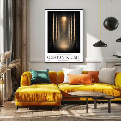 A vertical, perfectly symmetrical illustration of a birch forest at night. Three slender birch trees frame each side of a central path. A golden moon at the top center casts a beam of light downward onto a glowing forest floor. The trees feature intricate golden mosaic bark.