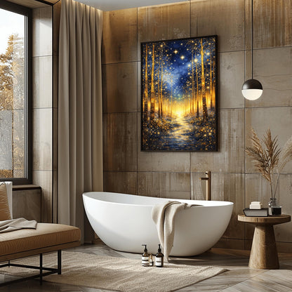 A vertical art print in the style of Gustav Klimt. It depicts a magical forest at night with tall, slender trees decorated with intricate golden swirls and geometric patterns. A shimmering golden path leads through the center toward a bright light in the distance. The dark blue sky is filled with numerous bright, glowing stars and a hazy golden nebula. The entire scene is rich with gold leaf textures and decorative mosaic details.