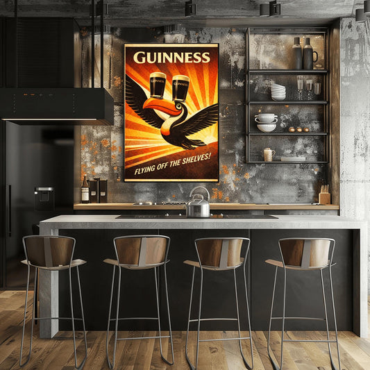 A vertical vintage-style advertising poster for Guinness. A toucan flies upward towards the top left, balancing two pints of beer on its beak. A large orange sunburst radiates from the bottom right background. Text at the top reads "GUINNESS" and the bottom reads "FLYING OFF THE SHELVES!"