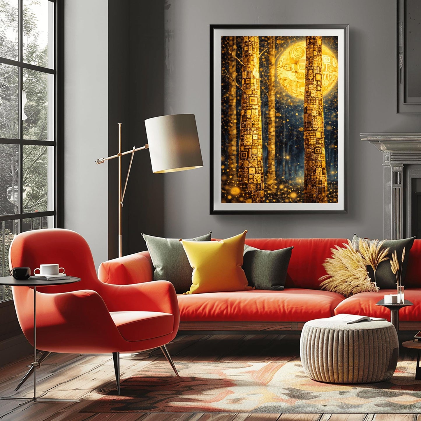 A vertical art print in the style of Gustav Klimt. Two tall tree trunks in the foreground are covered in a dense, golden mosaic of squares, circles, and intricate geometric patterns. In the background, a large, glowing golden moon with swirling patterns hangs in a dark blue forest. The entire scene is filled with shimmering golden light particles and soft bokeh orbs, creating a luminous and magical atmosphere.