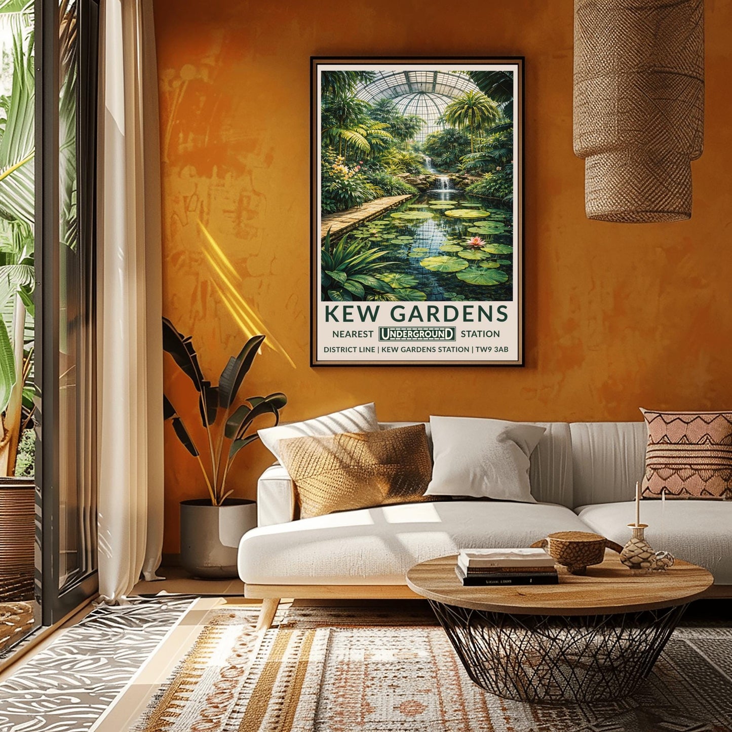 A vertical vintage-style travel poster for Kew Gardens. The artwork depicts the interior of a massive glass conservatory filled with dense tropical plants and tall palm trees. In the foreground, a calm pond features large green lily pads and pink flowers. A stone walkway runs alongside the pond leading toward a multi-tiered waterfall in the center. The scene is topped by a large, grid-patterned glass dome.