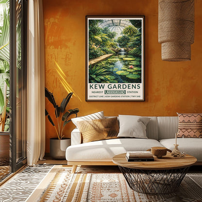 A vertical vintage-style travel poster for Kew Gardens. The artwork depicts the interior of a massive glass conservatory filled with dense tropical plants and tall palm trees. In the foreground, a calm pond features large green lily pads and pink flowers. A stone walkway runs alongside the pond leading toward a multi-tiered waterfall in the center. The scene is topped by a large, grid-patterned glass dome.