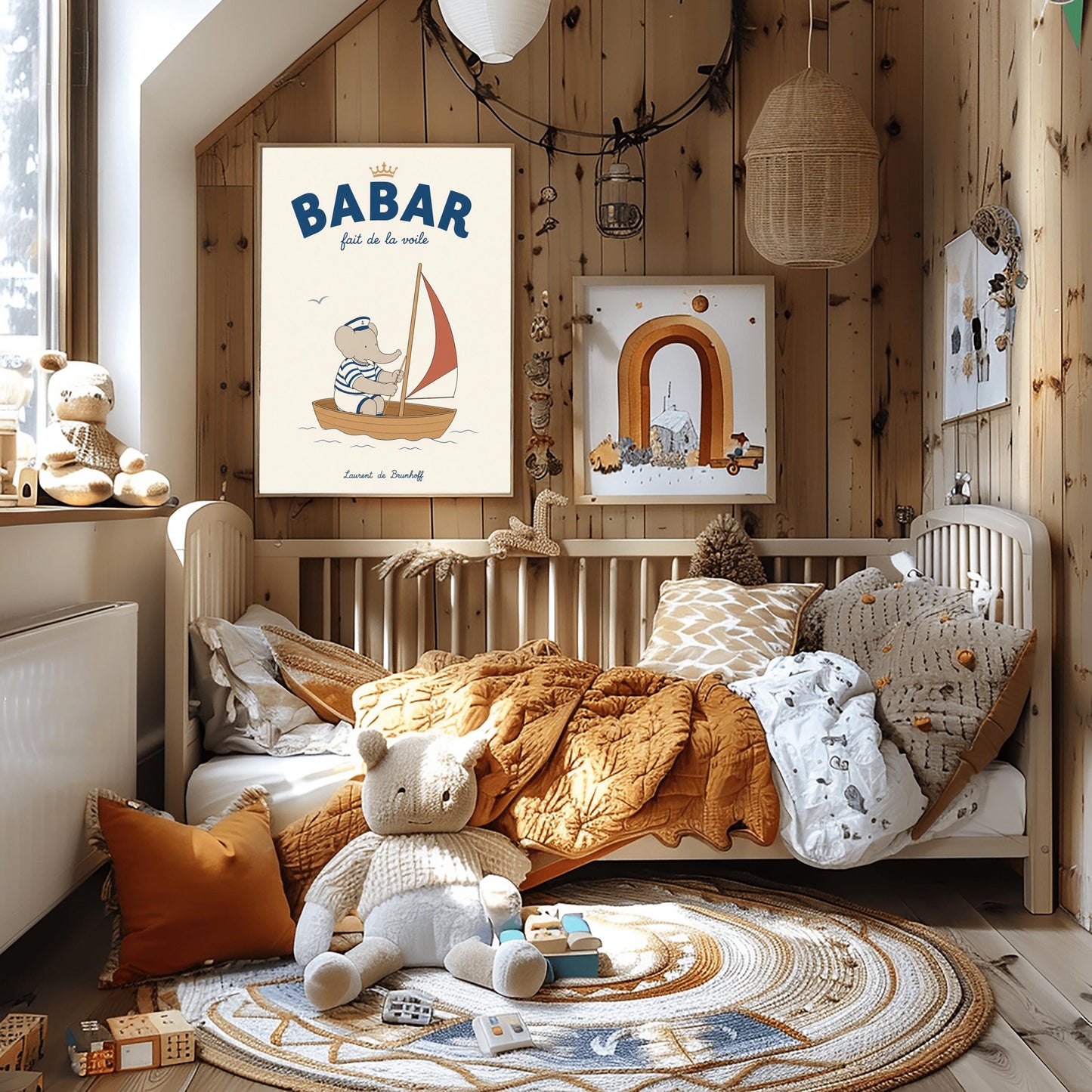 A vertical storybook-style art print featuring Babar the Elephant sailing a small boat. Babar wears a blue and white striped shirt and a white sailor's hat with an anchor. He is sitting in a brown wooden boat with a red and white sail. A single seagull flies in the creamy off-white sky. The top reads "BABAR fait de la voile" with a small gold crown.