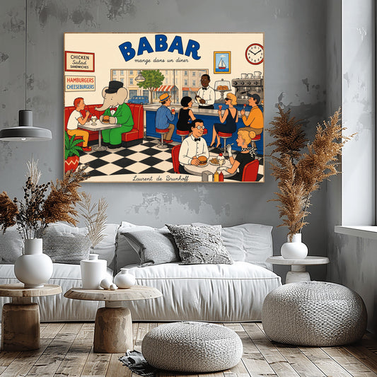 A colorful 1950s-style illustration poster titled "BABAR mange dans un diner" in bold blue and black lettering. The scene shows the interior of a lively retro diner with a black-and-white checkered floor. On the left, the cartoon elephant King Babar sits in a red leather booth wearing a green suit and top hat while eating a burger. Patrons sit at a long blue counter on stools and around tables eating burgers and sundaes, while a waiter takes orders.