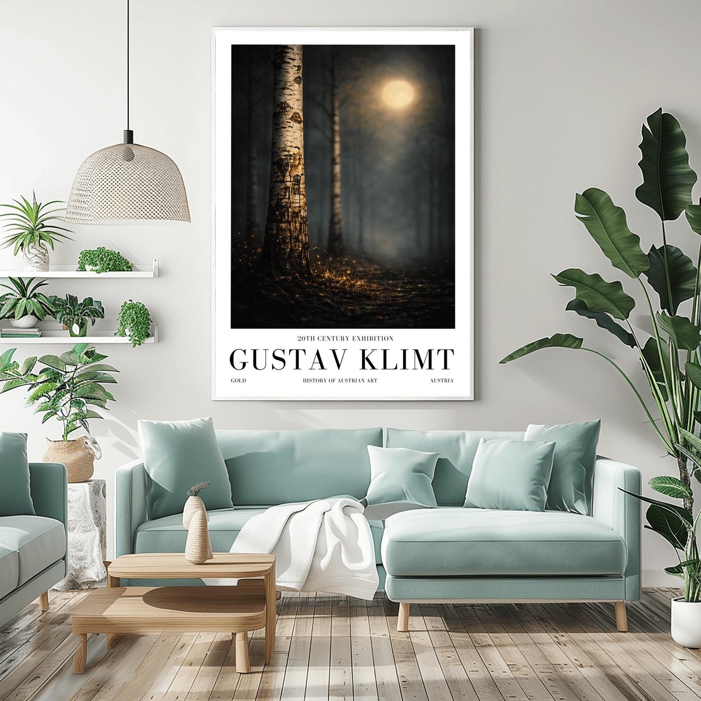 A vertical Art Nouveau illustration of a close-up birch tree trunk. The bark is covered in golden mosaic-like patterns and shimmering cracks. A soft, out-of-focus golden moon glows in a dark, misty forest background, and the ground is covered in glowing golden embers.