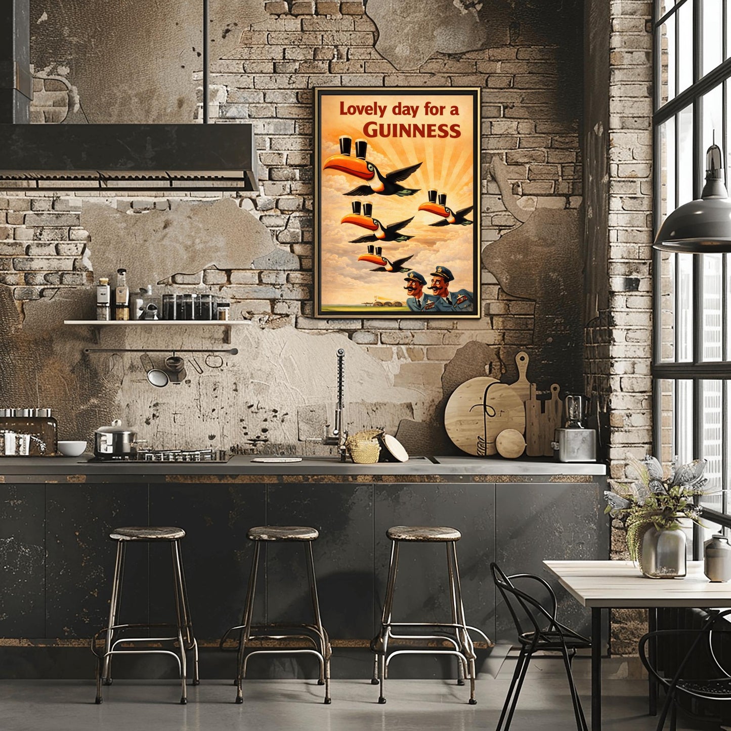 A vertical vintage-style advertising poster for Guinness. Four toucans fly through a sepia-toned sky with sunbeams, each balancing two pints of beer on its beak. Two surprised pilots in blue uniforms look up from the bottom right. Red text at the top reads "Lovely day for a GUINNESS."