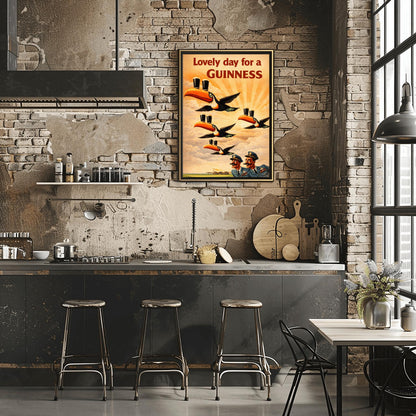 A vertical vintage-style advertising poster for Guinness. Four toucans fly through a sepia-toned sky with sunbeams, each balancing two pints of beer on its beak. Two surprised pilots in blue uniforms look up from the bottom right. Red text at the top reads "Lovely day for a GUINNESS."