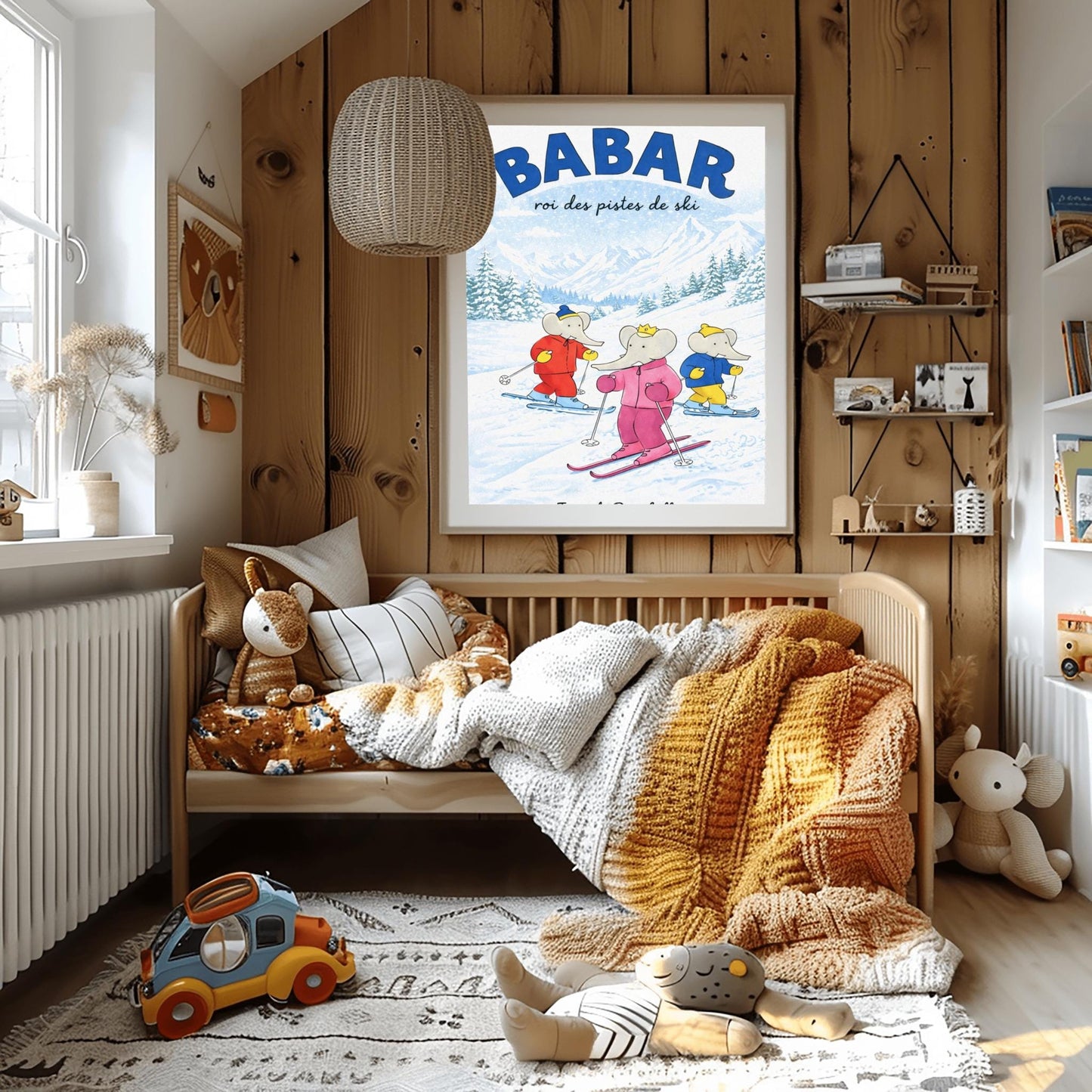 A vertical children's illustration poster titled "BABAR: roi des pistes de ski" in blue. Three elephants are skiing down a gentle, snow-covered slope. The central elephant wears a pink snowsuit and crown. To the left is an elephant in red, and to the right is one in blue and yellow. The background features snowy mountains and a pine forest under a light blue sky. The name "Jean de Brunhoff" is at the bottom.