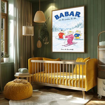 A vertical children's illustration poster titled "BABAR: roi des pistes de ski" in blue. Three elephants are skiing down a gentle, snow-covered slope. The central elephant wears a pink snowsuit and crown. To the left is an elephant in red, and to the right is one in blue and yellow. The background features snowy mountains and a pine forest under a light blue sky. The name "Jean de Brunhoff" is at the bottom.