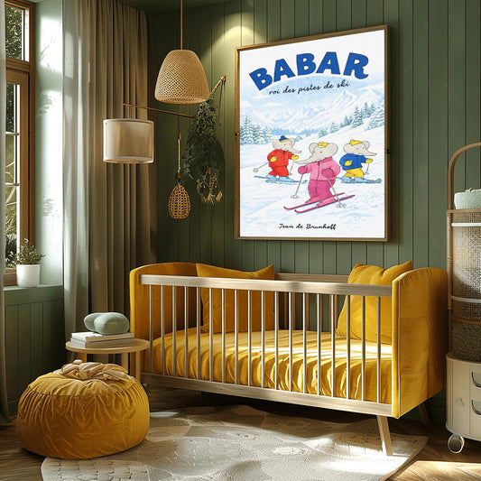 A vertical children's illustration poster titled "BABAR: roi des pistes de ski" in blue. Three elephants are skiing down a gentle, snow-covered slope. The central elephant wears a pink snowsuit and crown. To the left is an elephant in red, and to the right is one in blue and yellow. The background features snowy mountains and a pine forest under a light blue sky. The name "Jean de Brunhoff" is at the bottom.