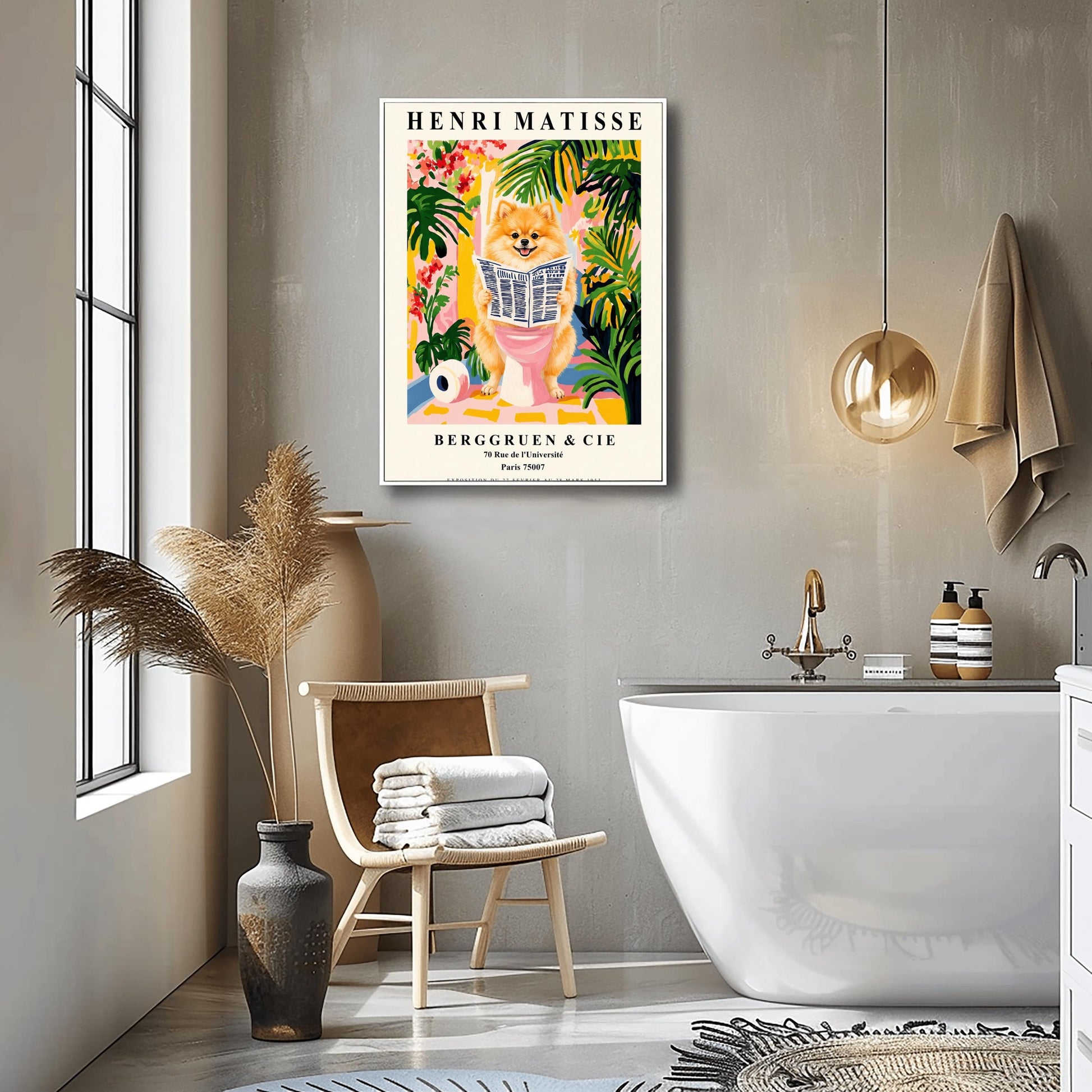 A vertical fine art exhibition poster in the style of Henri Matisse featuring a wide cream border. Bold black text reads "HENRI MATISSE" at the top and "BERGGRUEN & CIE" at the bottom. The central painting humorously depicts a fluffy orange Pomeranian dog smiling while sitting on a pink toilet reading a newspaper, surrounded by lush green palm leaves, tropical flowers, and a toilet paper roll on the floor.