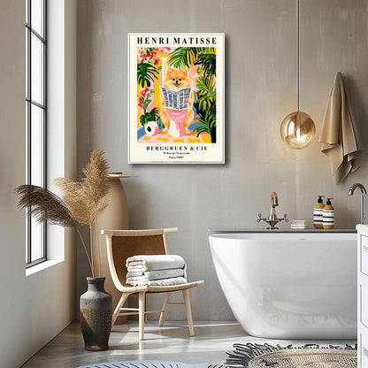 A vertical fine art exhibition poster in the style of Henri Matisse featuring a wide cream border. Bold black text reads "HENRI MATISSE" at the top and "BERGGRUEN & CIE" at the bottom. The central painting humorously depicts a fluffy orange Pomeranian dog smiling while sitting on a pink toilet reading a newspaper, surrounded by lush green palm leaves, tropical flowers, and a toilet paper roll on the floor.