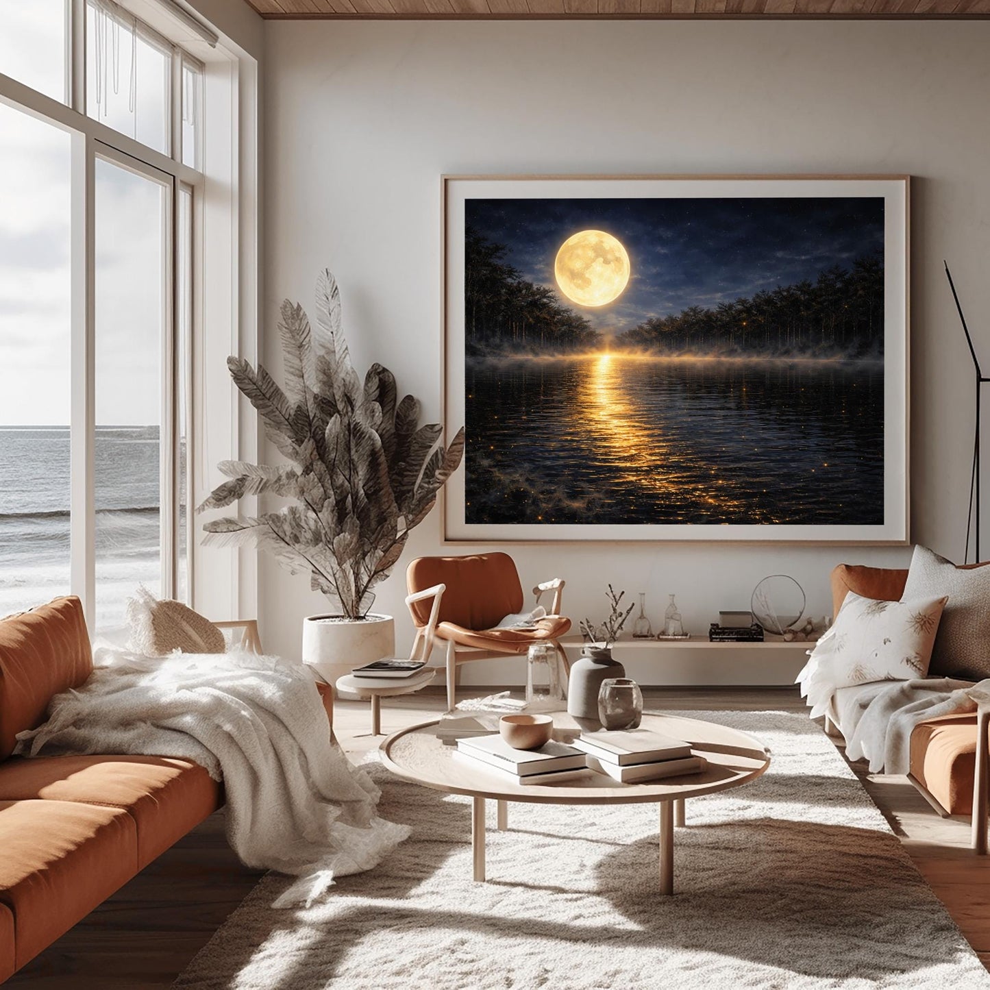 A horizontal landscape art print in the style of Gustav Klimt. A large, luminous golden moon hangs in a dark, starlit sky over a calm lake. A brilliant trail of golden light reflects across the dark water toward the viewer. Low-lying mist rolls across the lake's surface, and silhouetted dark trees line the distant shore. The overall color palette is a striking contrast of deep midnight blue and radiant metallic gold.