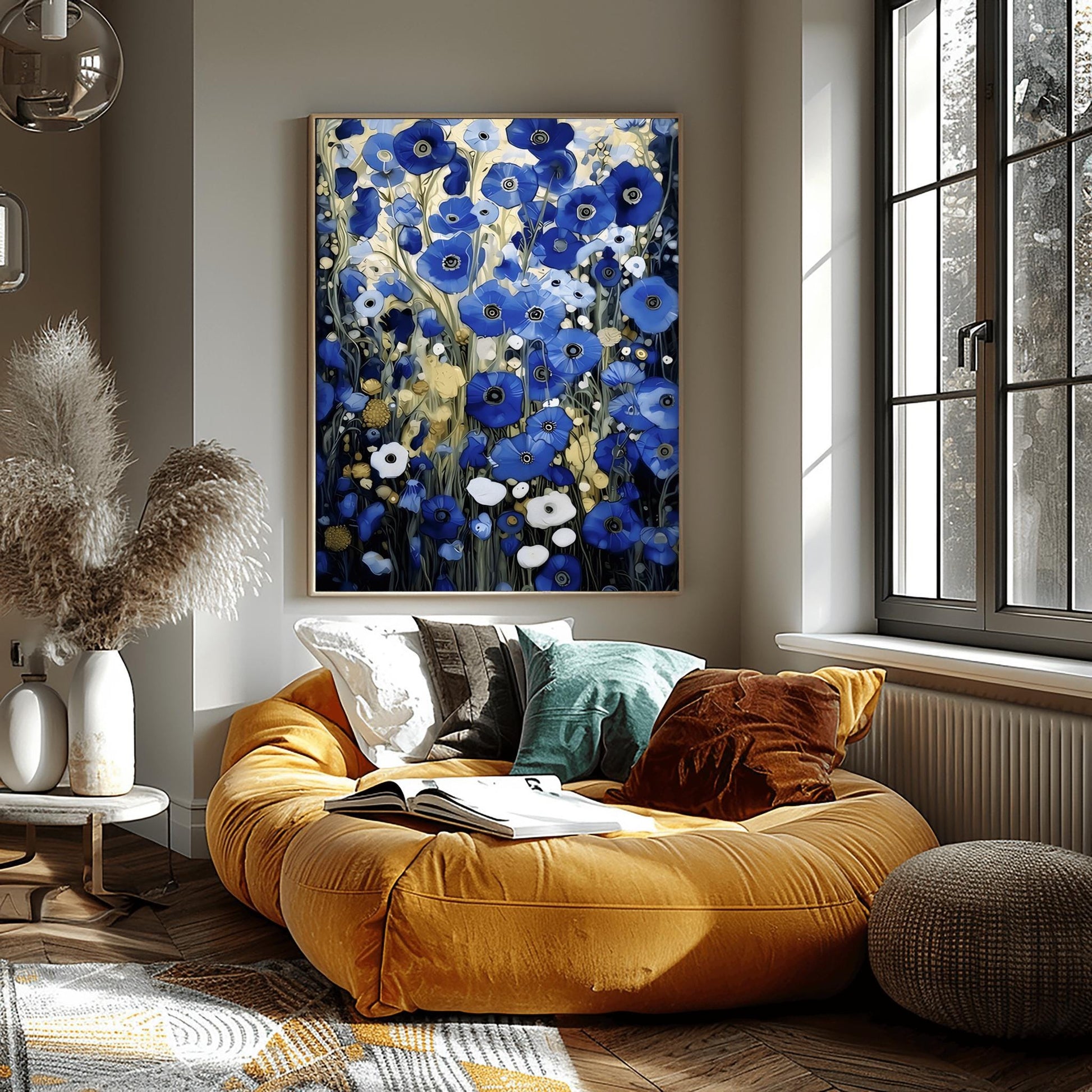 A vertical, highly detailed oil painting in the style of Gustav Klimt. The image is filled with a dense field of blue poppies in shades of cobalt, navy, and light blue. The flowers have dark centers and are surrounded by abstract cream and amber foliage. The brushwork is thick and textured, giving the appearance of a rich mosaic tapestry of flowers.