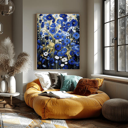 A vertical, highly detailed oil painting in the style of Gustav Klimt. The image is filled with a dense field of blue poppies in shades of cobalt, navy, and light blue. The flowers have dark centers and are surrounded by abstract cream and amber foliage. The brushwork is thick and textured, giving the appearance of a rich mosaic tapestry of flowers.