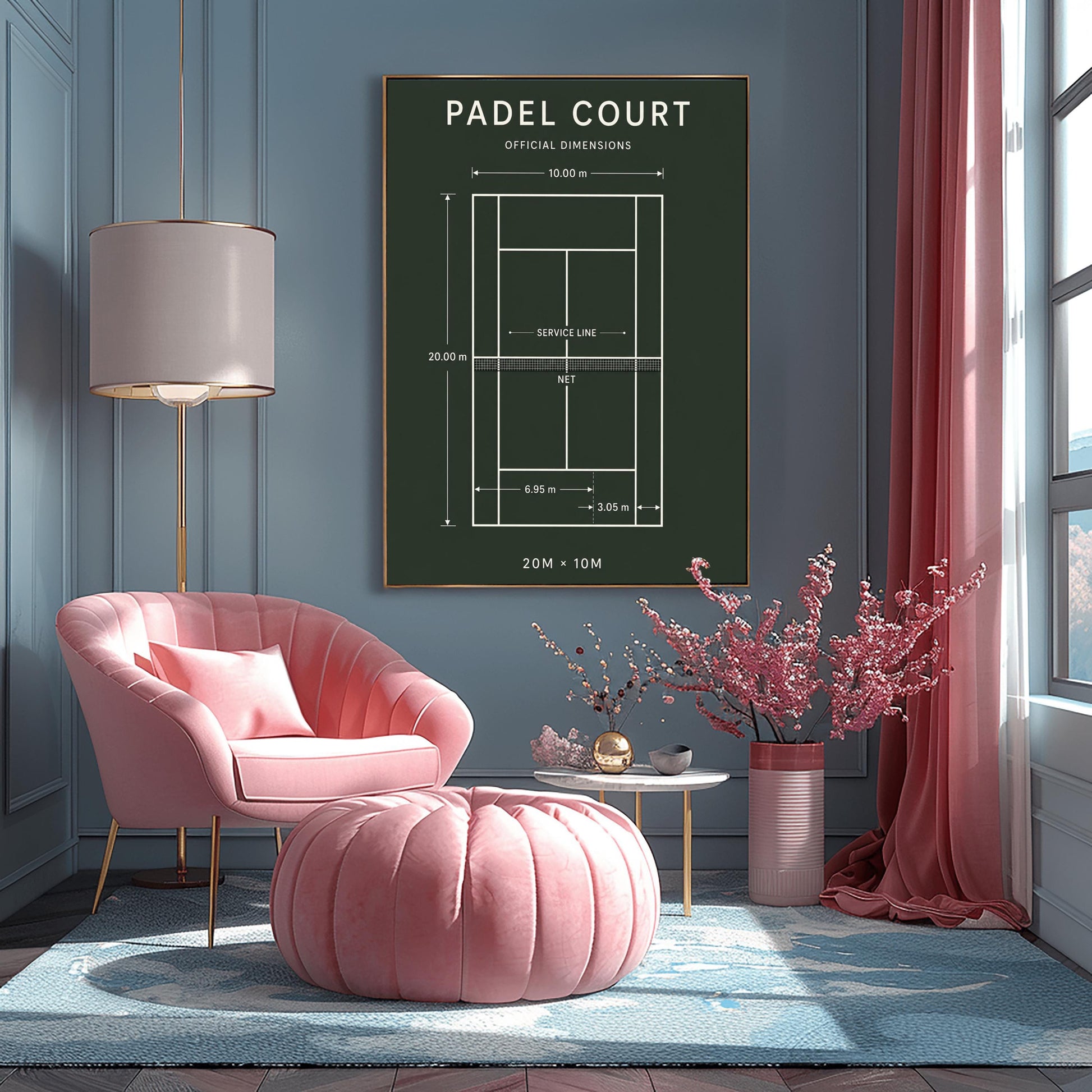 A vertical minimalist sports poster with a solid dark forest green background. At the top, the words "PADEL COURT" and "OFFICIAL DIMENSIONS" are written in a clean white sans-serif font. The center of the poster displays a top-down white schematic diagram of a padel court with text indicating the net, service line, and specific boundary dimensions like 20.00 m and 10.00 m. The bottom of the poster displays the text "20M × 10M".