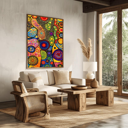 A vertical fine art print in the style of Gustav Klimt. An abstract composition of organic, flowing shapes filled with colorful dots, circles, and geometric patterns in red, blue, green, and orange. Shimmering gold leaf textures and "pebbled" patterns are interspersed throughout, set against a dark, structured background.
