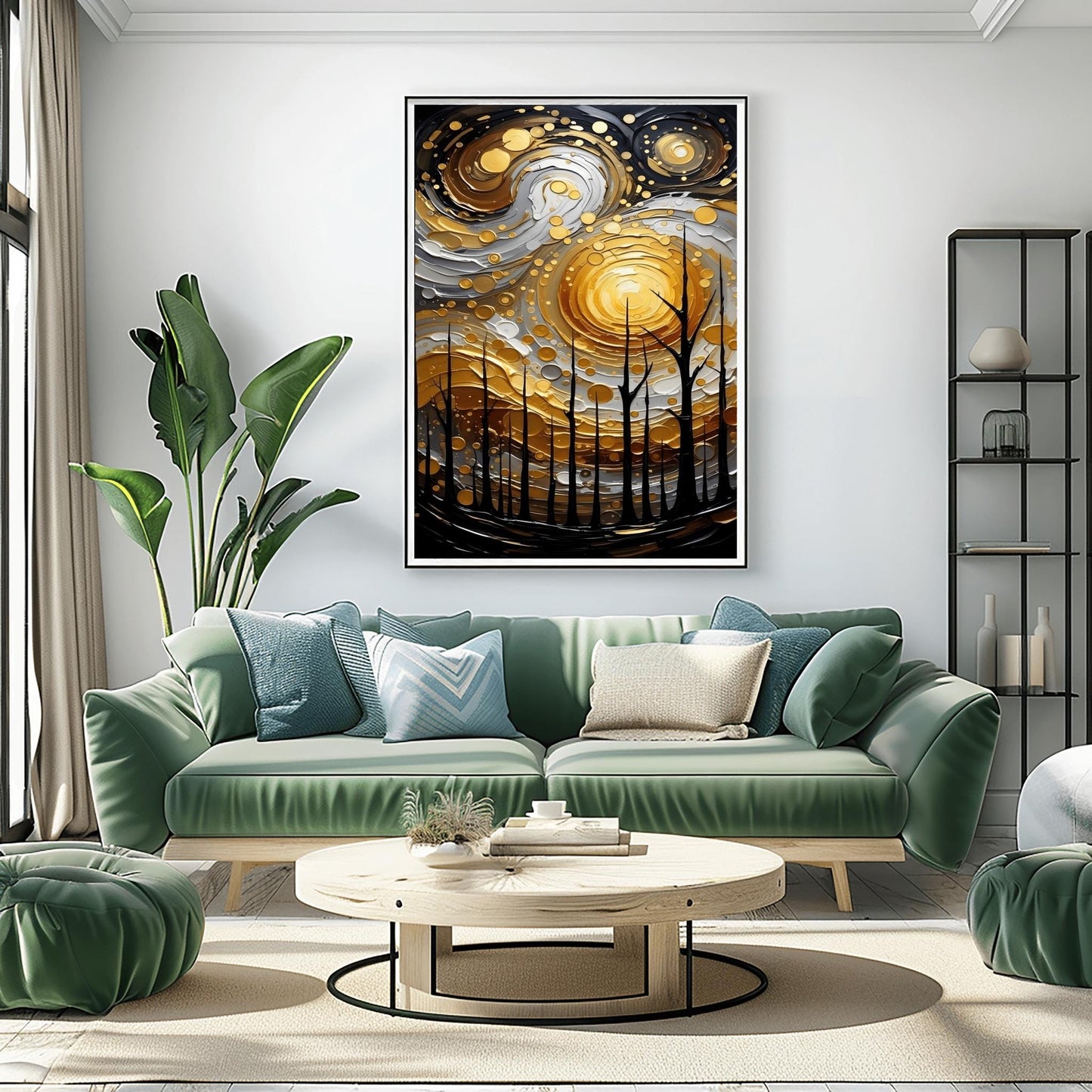 A vertical abstract painting in the style of Gustav Klimt. A group of black, silhouetted tree trunks stand in the foreground against a massive, swirling sun composed of concentric rings of gold, silver, and cream. The background is a dark, moody grey. The style features heavy, thick paint textures and metallic-looking circular accents scattered throughout.