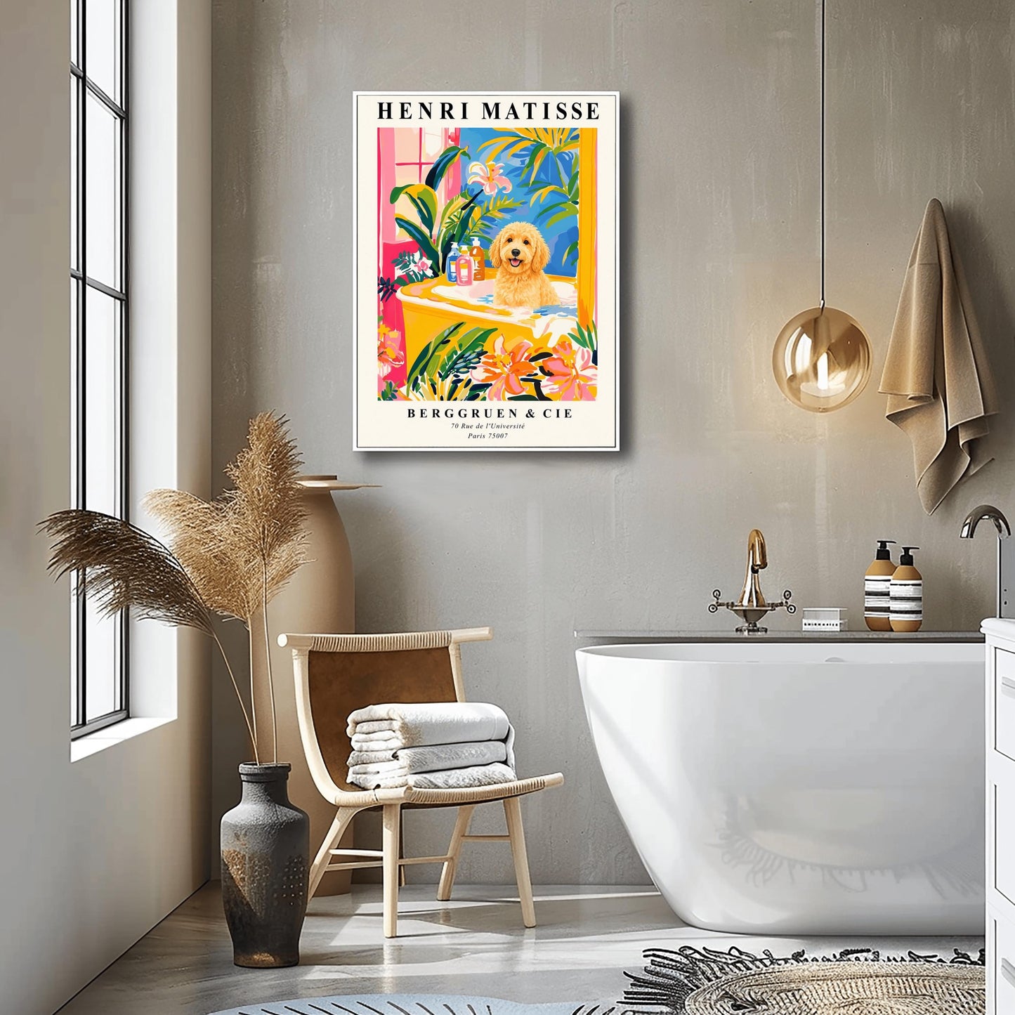 A vertical minimalist fine art exhibition poster in the style of Henri Matisse, shown framed on a wall above a luxury white bathtub. The poster has a wide white border with bold black text reading "HENRI MATISSE" and "BERGGRUEN & CIE". In the center painting, a fluffy golden doodle dog sits happily inside a yellow bathtub surrounded by vibrant pink, blue, and green tropical plants and orange flowers.