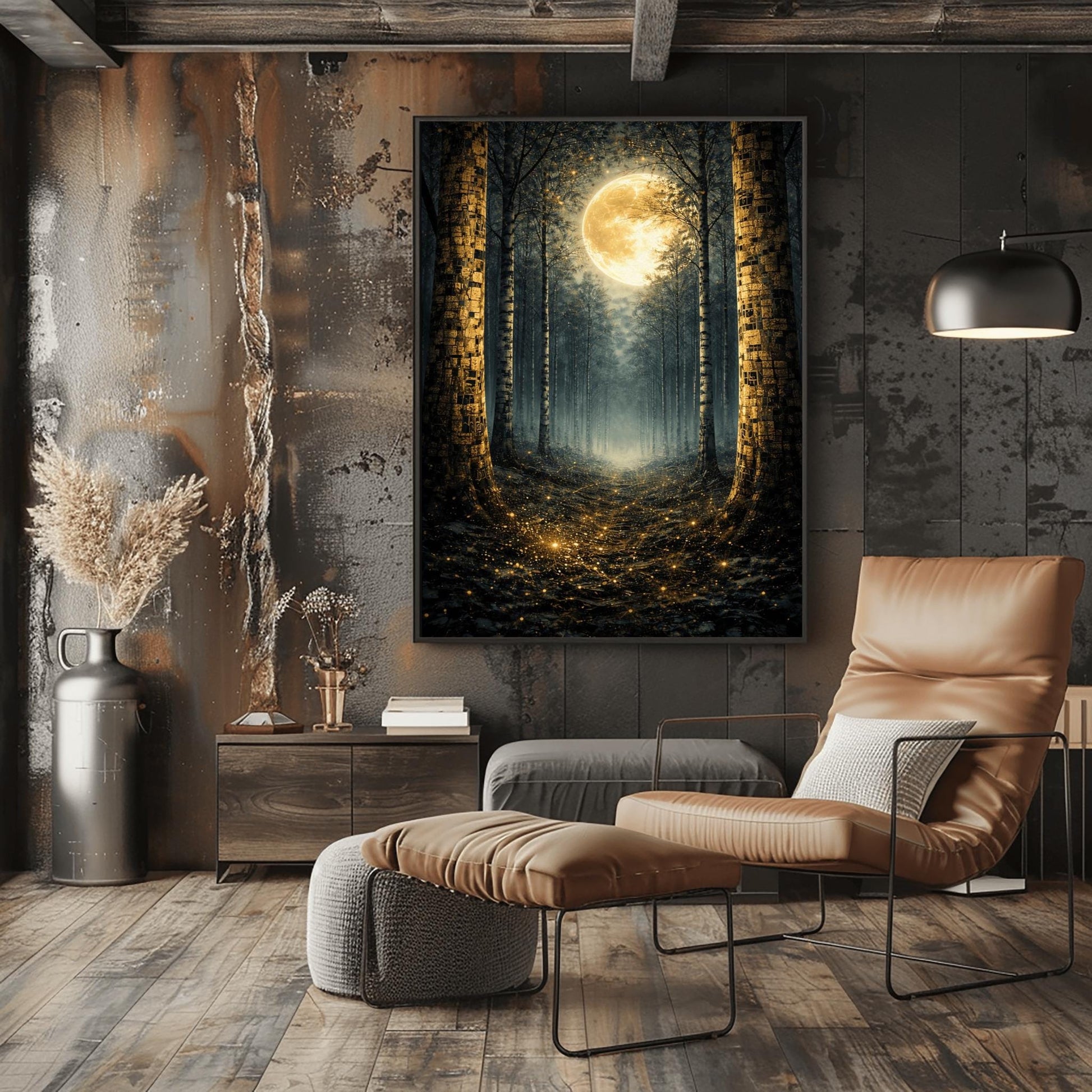 A vertical art print in the style of Gustav Klimt showing a dark forest at night. Tall, dark, silhouetted tree trunks frame a central path that leads toward a bright light in the distance. A massive, glowing golden moon with intricate textures dominates the upper center of the image. The base of the trees and the forest floor are sprinkled with shimmering gold mosaic patterns and light specks, contrasting sharply against the dark background.