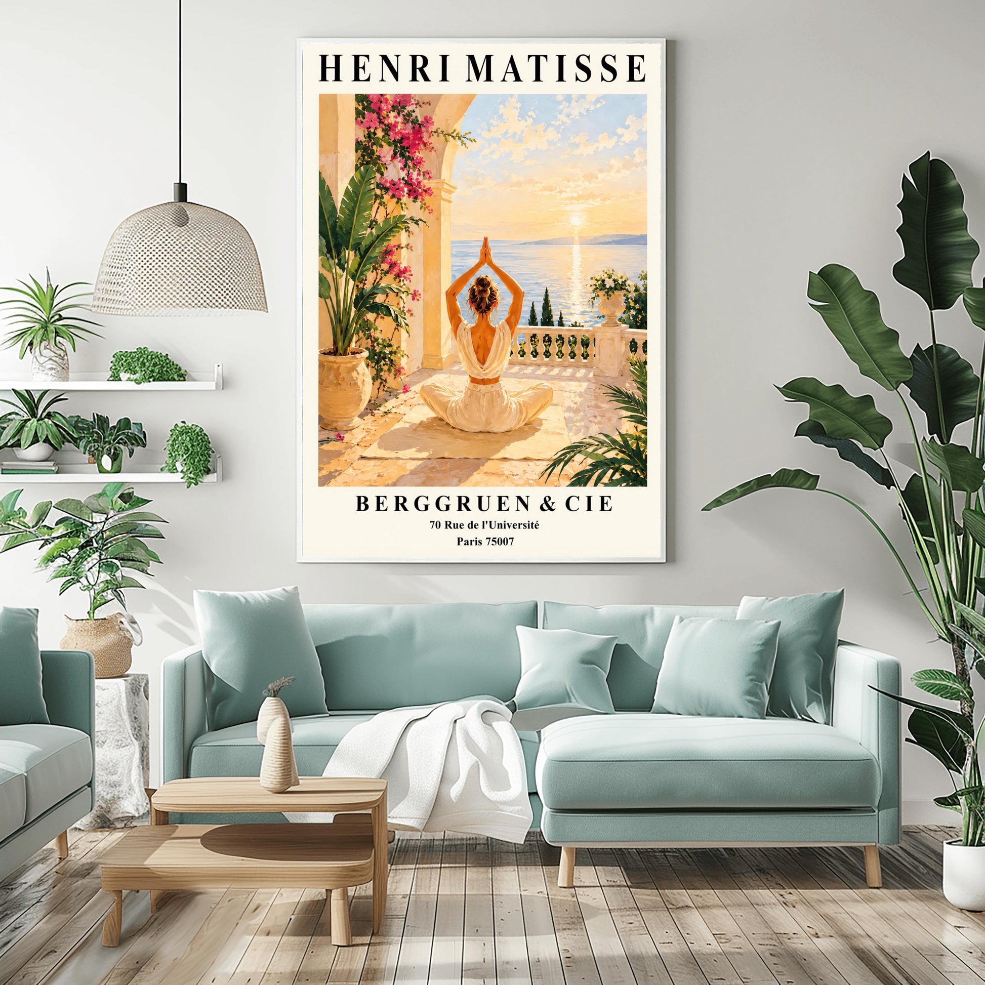 Henri Matisse style poster featuring a woman meditating in a yoga pose on a Mediterranean terrace overlooking the sea at sunset, surrounded by tropical plants, pink flowers, elegant architecture, and warm golden coastal scenery.