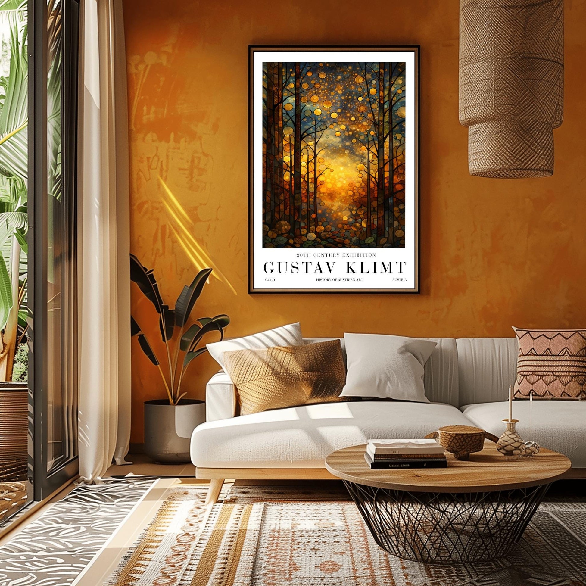 A vertical exhibition-style poster featuring a stylized forest in the style of Gustav Klimt. Slender trees with dark, leaded outlines are filled with golden and amber hues. A brilliant, warm light glows from the center forest floor. The sky is filled with circular mosaic patterns and golden stardust. The bottom features white margins with bold text reading "GUSTAV KLIMT."