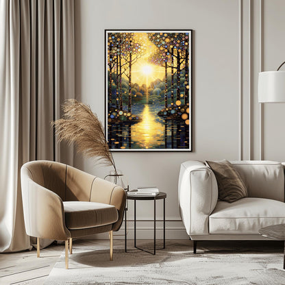 A vertical fine art painting in the style of Gustav Klimt. A brilliant sun is centered in the sky, emitting golden rays that look like stained glass panes. Slender trees with colorful mosaic patterns on their bark frame a calm lake. The water reflects the golden sun in a series of horizontal mosaic tiles. The overall palette is brilliant gold, warm amber, and deep teal.
