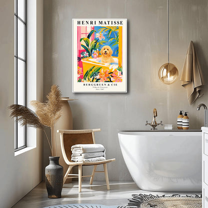 A vertical minimalist fine art exhibition poster in the style of Henri Matisse, shown framed on a wall above a luxury white bathtub. The poster has a wide white border with bold black text reading "HENRI MATISSE" and "BERGGRUEN & CIE". In the center painting, a fluffy golden doodle dog sits happily inside a yellow bathtub surrounded by vibrant pink, blue, and green tropical plants and orange flowers.