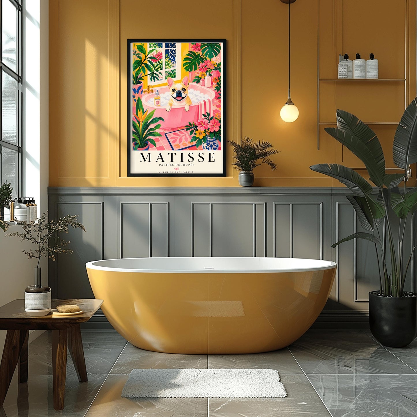 A vertical maximalist art print styled as a Henri Matisse exhibition poster. A tan and white French Bulldog with a wide, happy smile sits in a pink bathtub filled with white bubbles. The bathroom is vibrant with pink tiled floors, yellow walls, and a large window looking out onto a garden. The scene is filled with tropical plants like Monstera and Birds of Paradise. Bold black text at the bottom reads "MATISSE PAPIERS DÉCOUPÉS" with a Paris gallery address.